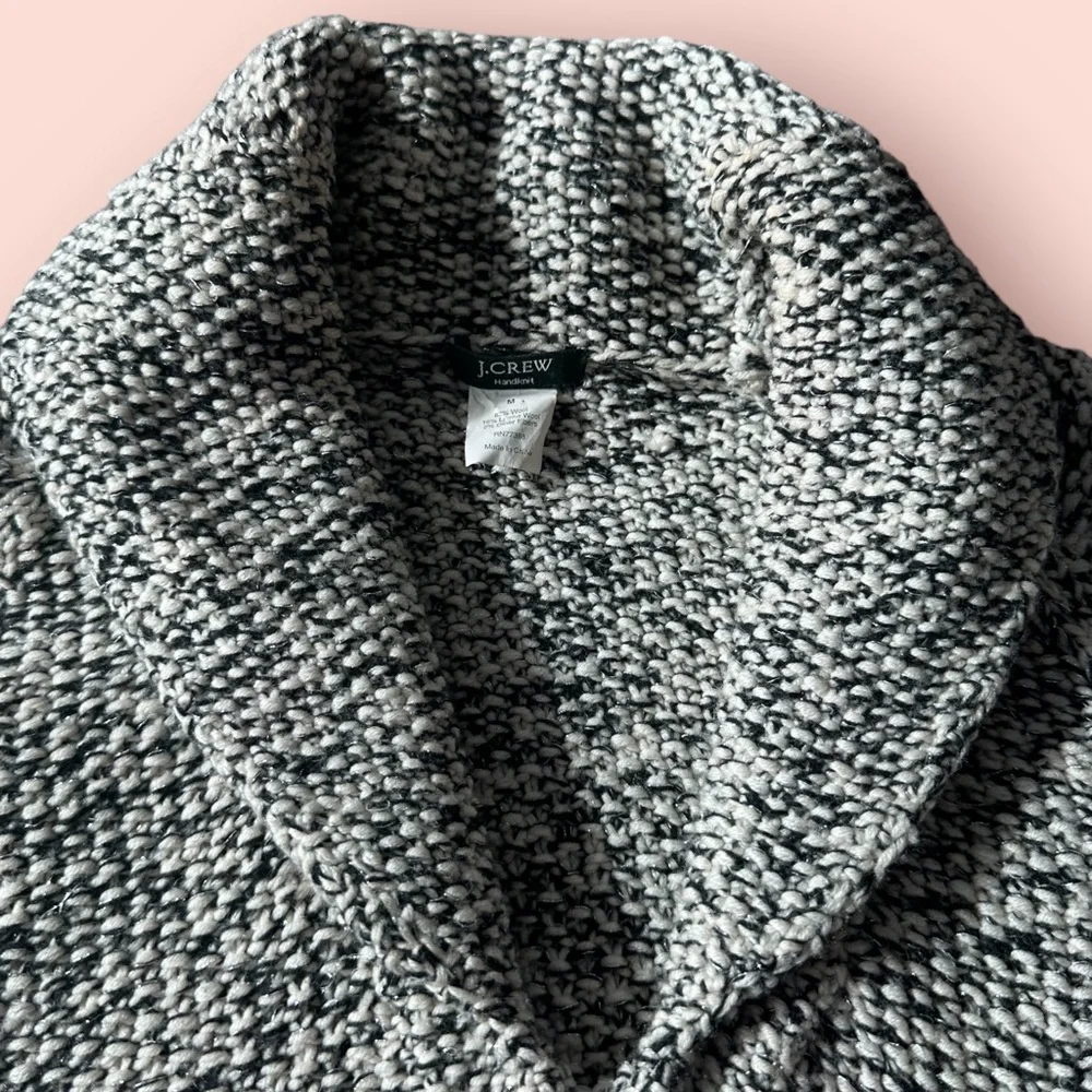 Women’s J Crew Zip Front Black And White Wool Hand Knit Sweater Size Medium